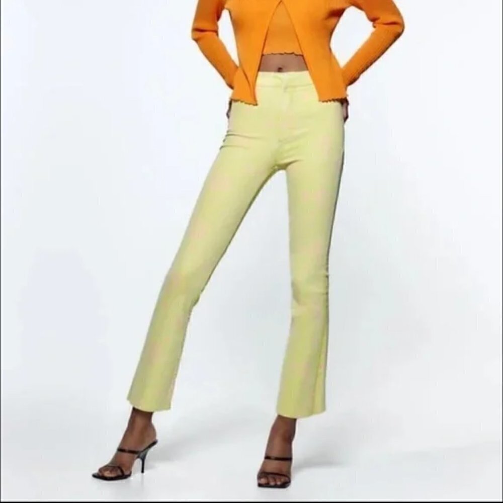 Zara Bright Green & Pink Floral Cropped Flare Leg High Rise Pants 8